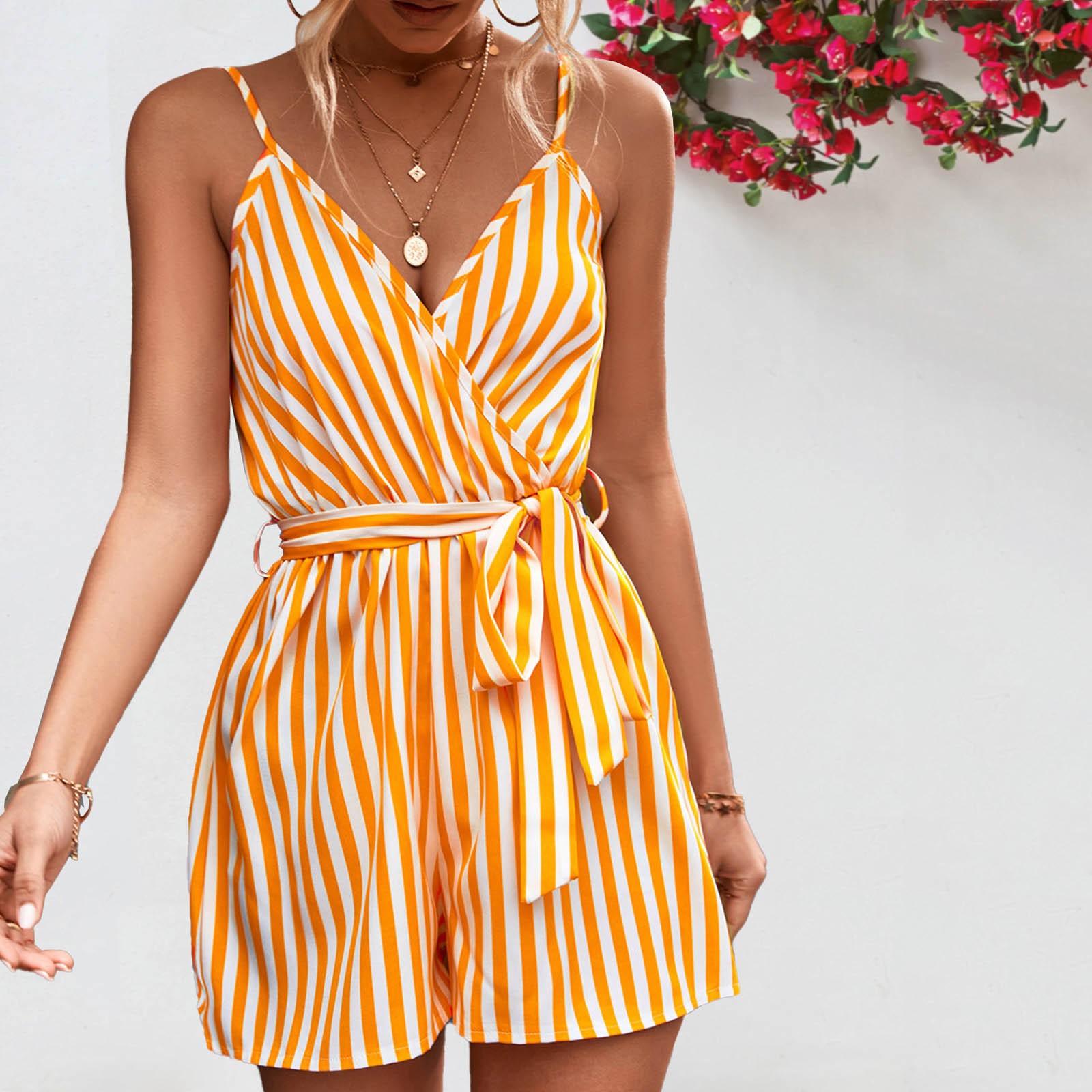 Leesechin Striped Suspender V-neck Waist Fitting Drawstring Waist Fitting Juniors Jumpsuit
